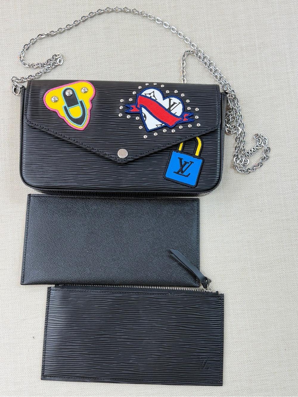 Louis Vuitton Black Epi Leather Crossbody Wallet with Colorful Patch Accents
